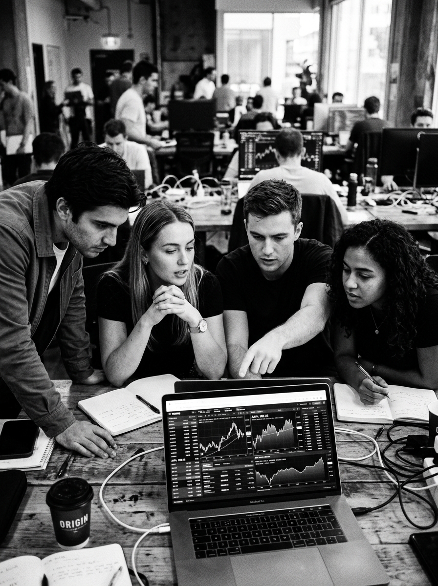 Group of focused traders gathered around a laptop